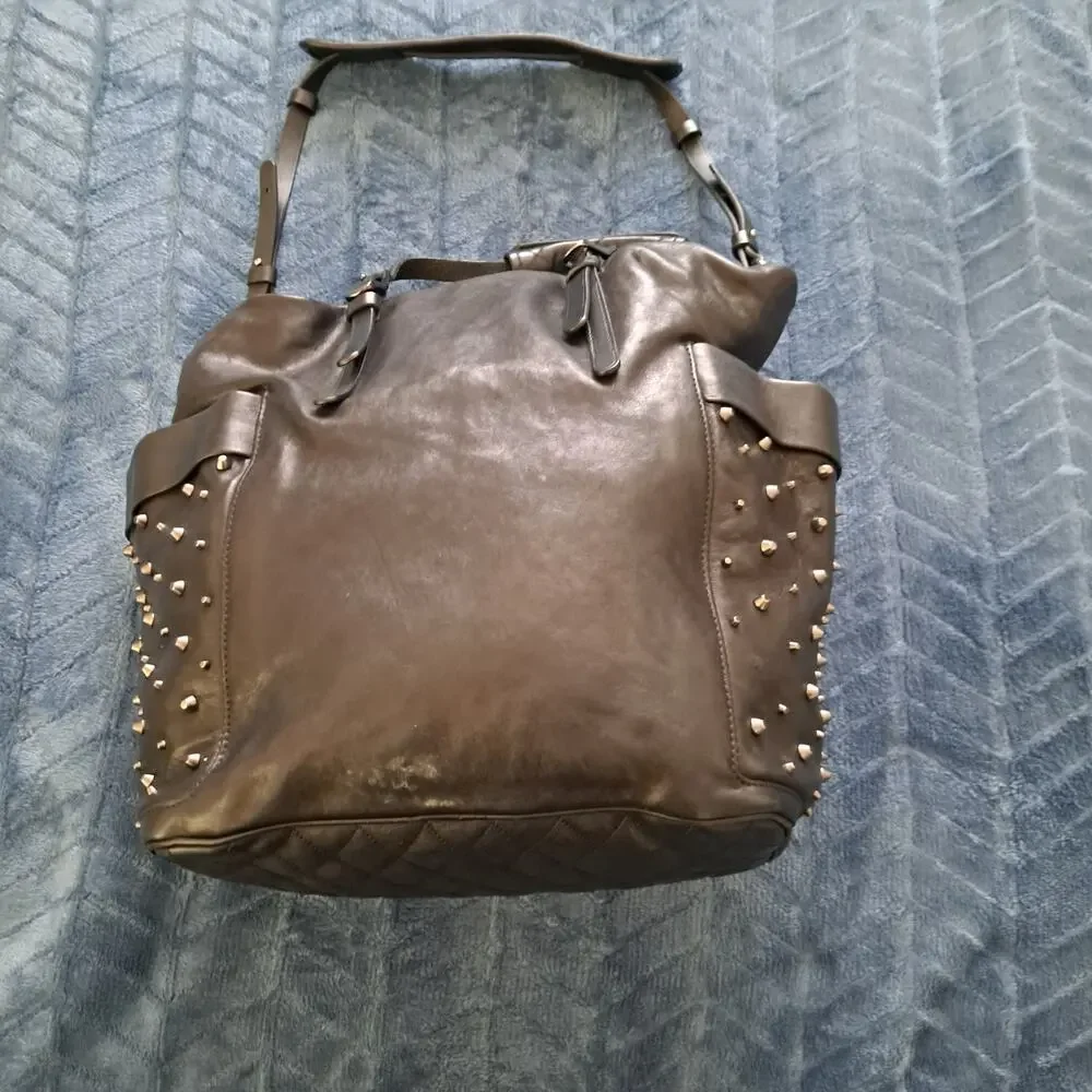 Jimmy Choo Blare Studded Shoulder Purse Satchel Tote Bag Black Glossy Leather